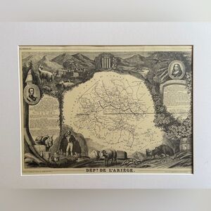 Vintage Map of Dept de l'Ariege France old maps matted 16x20” print white beige